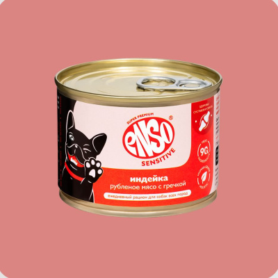 ENSO SENSITIVE Влажный корм для собак с чувствительным пищеварением, поддержание здоровья суставов, индейкаи гречка, 190г