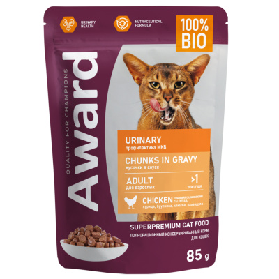 Влажный корм AWARD Urinary для профилактики мочекаменной болезни у взрослых кошек кусочки в соусе с курицей, 85г
