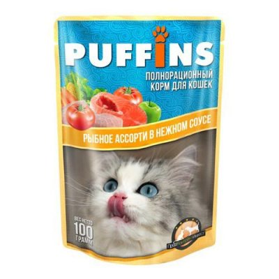 Пуффинс Влажный корм для кошек «Рыбное ассорти» в нежном соусе 100 гр