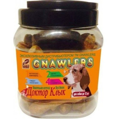 Лакомство для взрослых собак и щенков до 12 кг. Грин Кьюзин Доктор Клык жевательная косточка со вкусом бекона, банка 730гр