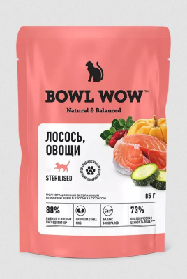 BOWL WOW Влажный корм для стерилизованный кошек, кусочки в соусе с лососем и добавлением овощей, 85 гр