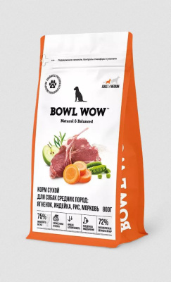 BOWL WOW Сухой корм для взрослых собак средних пород ягненком, индейкой. рисом и морковью, 800 г