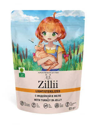 ZILLII Sterillized Cat пауч для взрослых стерилизованных кошек, полнорационный консервированный корм, Индейка в желе, 85 гр
