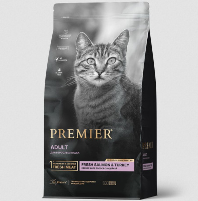 Premier Cat Salmon & Turkey Adult сухой корм для взрослых кошек, свежее филе лосося с индейкой - 8 кг