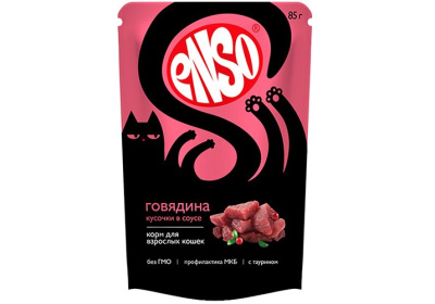 ENSO Корм влажный для кошек, кусочки в соусе с говядиной, пауч 85г