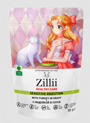 ZILLII Healthy Care Sensitive Digestion пауч для взрослых кошек полнорационный консервированный корм, Индейка в соусе 85 гр