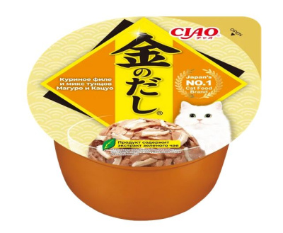 Влажный корм для кошек INABA Kin no dashi cup для кошек, консервы Куриное филе микс тунцов Магуро и Кацуо, 70гр