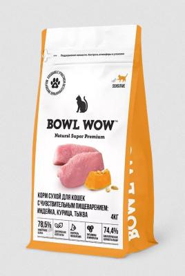BOWL WOW Сухой корм для взрослых кошек с чувствительным пищеварением с индейкой, курицей и тыквой, 4кг