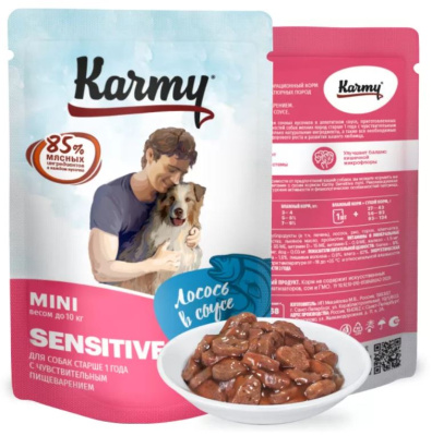 Karmy Sensitive влажный корм для собак мелких пород старше 1 года с чувствительным пищеварением, Мясные кусочки в соусе, Лосось 80гр