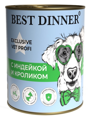Best Dinner Vet Profi Exclusive Hypoallergenic для собак при пищевой аллергии с индейкой и кроликом 340г