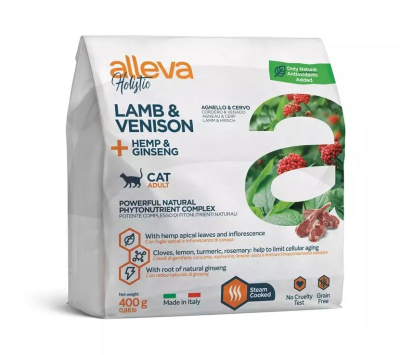 Сухой беззерновой полнорационный корм для кошек Alleva Holistic Cat Adult Lamb And Venison с ягнёнком и олениной, коноплёй и женьшенем, 400 гр