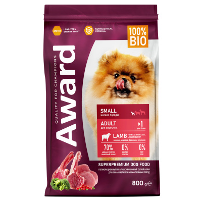 Сухой корм AWARD для взрослых собак мелких и миниатюрных пород с ягненком и индейкой с добавлением брокколи и брусники, 800г