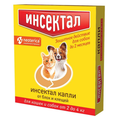 Инсектал капли для кошек и собак от блох и клещей 2-4кг, 1 пипетка