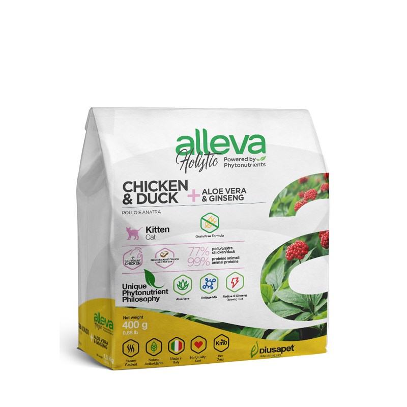 Alleva Holistic Chicken & Duck + Aloe vera & Ginseng Kitten для котят с курицей и уткой, алое вера и женьшенем 0,4 кг