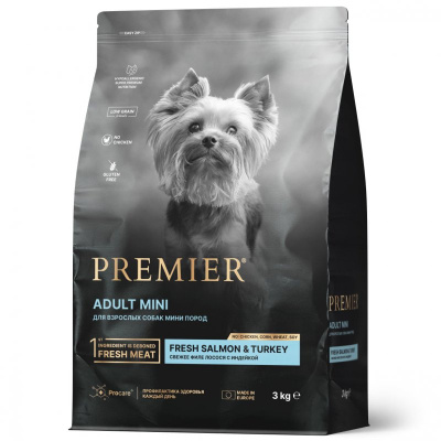 Сухой корм Premier Dog Salmon&Turkey ADULT Mini      для взрослых собак мелких пород, Лосось с индейкой, 3 кг