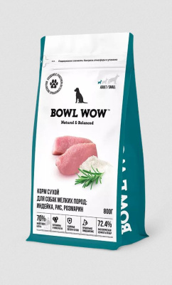BOWL WOW Сухой корм для взрослых собак мелких пород с индейкой, рисом и розмаринолм, 800 г