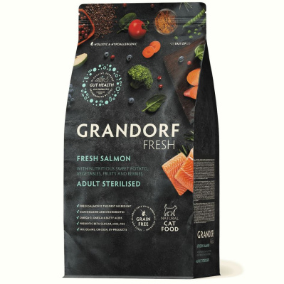 GRANDORF Fresh CAT Adult STERILISED. Сухой корм для стерилизованных кошек, свежее филе лосося с бататом 400г
