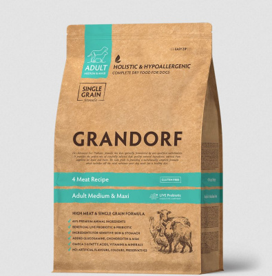 GRANDORF DOG Сухой корм для собак средних и крупных пород, 4 вида мяса с пробиотиками, 1 кг