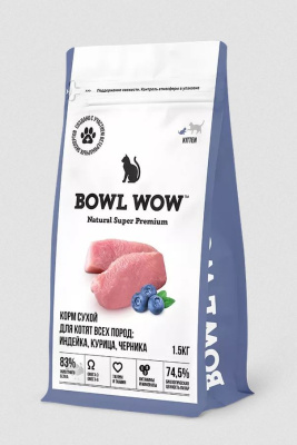 BOWL WOW Сухой корм для котят с курицей и черникой, 1,5 кг