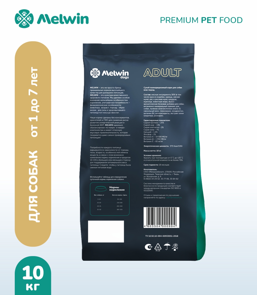 Melwin сухой корм для собак с индейкой и рисом от 1 года, 10 кг