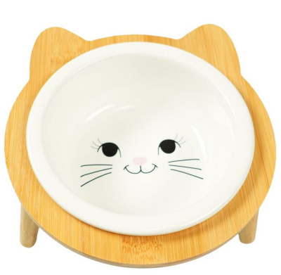 Миска Mr.Kranch Bamboo для кошек керамическая белая на бамбуковой подставке 400 мл