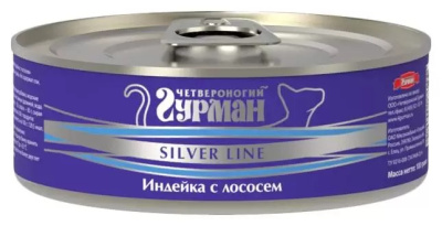 Четвероногий Гурман Консервы для кошек Серебряная линия, индейка с лососем, 100 г