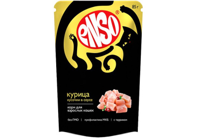 ENSO Корм влажный для кошек, кусочки в соусе с курицей, пауч 85г