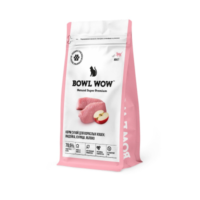 BOWL WOW Сухой корм для взрослых кошек с индейкой, курицей и яблоком, 400 г