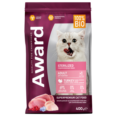 Сухой корм AWARD Sterilized для взрослых стерилизованных кошек с индейкой и курицей с добавлением клюквы и цикория, 400 г