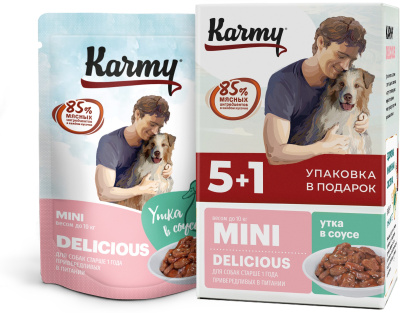 Karmy Delicious 5+1 влажный корм для собак мелких пород старше 1 года для привередливых, Мясные кусочки в соусе, Утка  480 гр