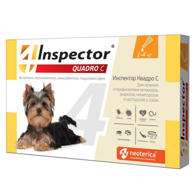 Inspector Quadro капли на холку для собак 1-4кг,от блох, клещей, гельминтов 1 пипетка