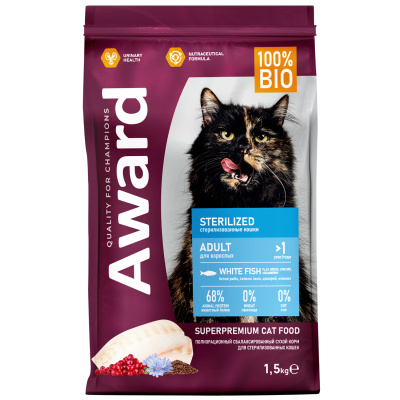 Сухой корм AWARD Sterilized для взрослых стерилизованных кошек с белой рыбой с добавлением семян льна, клюквы и цикория, 1,5кг