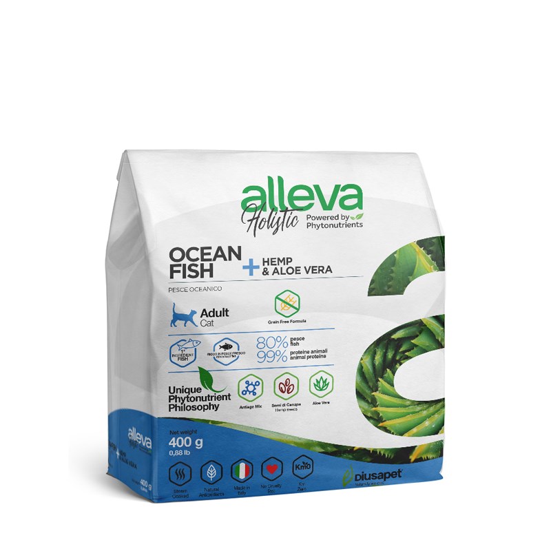 Alleva Holistic Ocean Fish + Hemp & Aloe vera  для взрослых кошек с океанической рыбой, коноплей и алое вера, 400 г