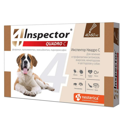 Inspector Quadro капли на холку для собак 40-60кг,от блох, клещей, гельминтов 1 пипетка