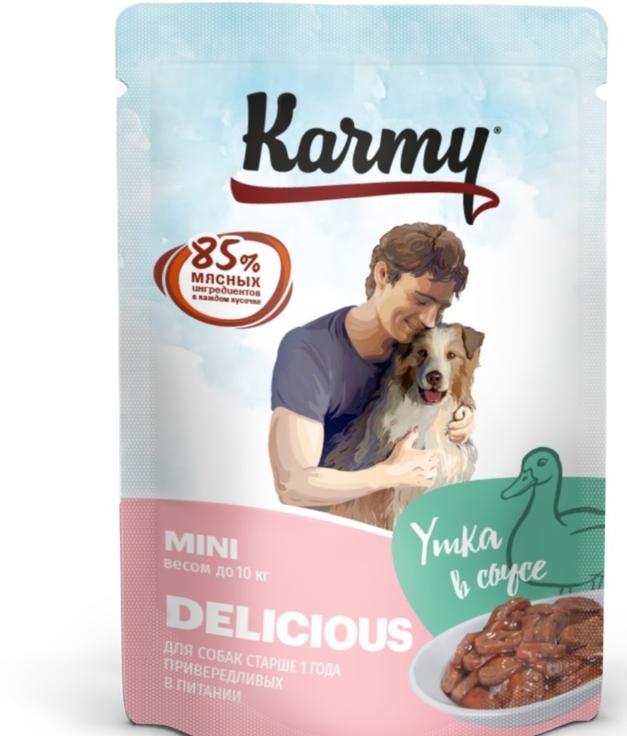 Karmy Delicious 5+1 влажный корм для собак мелких пород старше 1 года для привередливых, Мясные кусочки в соусе, Утка  480 гр