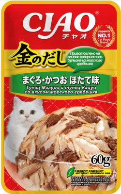 Влажный корм для кошек INABA Ciao Kinnodashi Тунец Магуро и Кацуо с морским гребешком, 60 гр