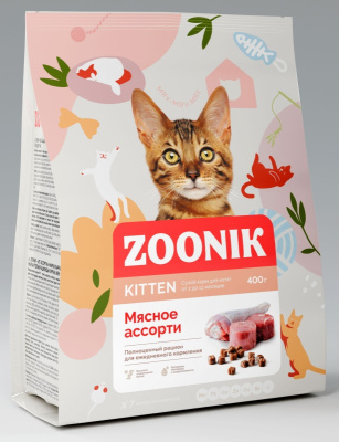 Корм сухой ZOONIK полнорационный для котят, мясное ассорти, 400 г