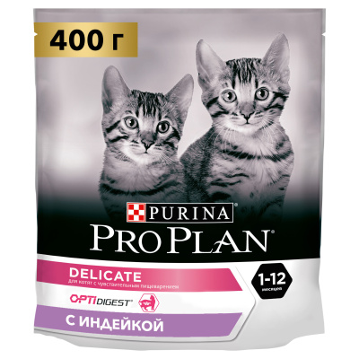 Pro Plan Delicate Сухой корм для котят при чувствительном пищеварении с индейкой 400 г