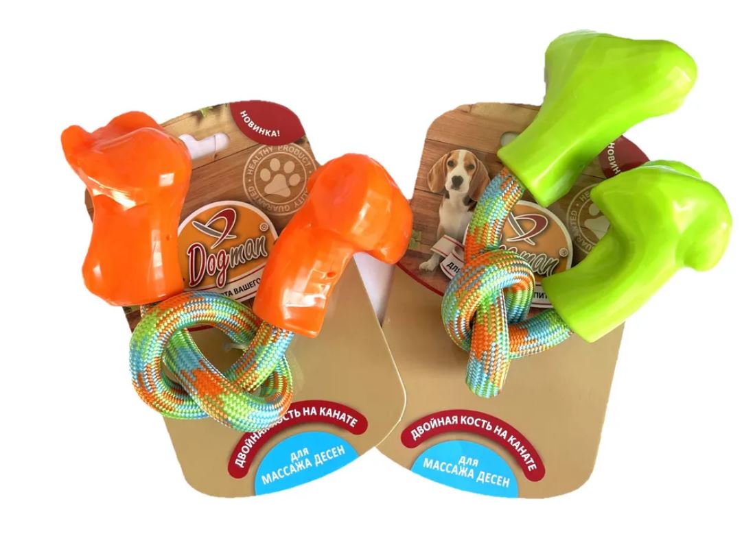 Игрушка для собак Dogman Двойная кость на канате 23см.