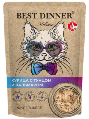 Влажный корм BEST DINNER Holistic для любых кошек, курица и тунец с кальмарами в желе 70г