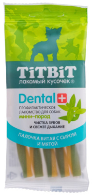Лакомство TiTBiT Dental+ профилактическое для собак мелких пород Палочка витая с сыром, 30 г