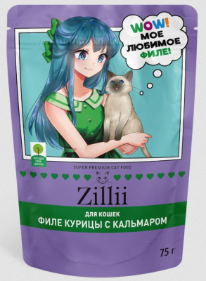 ZILLII пауч для взрослых стерилизованных кошек мясные волокна Курица с кальмаром в желе 75 гр полнорационный консервированный корм