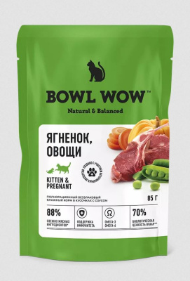 BOWL WOW Влажный корм для котят и беременных кошек, с ягнёнком и добавлением овощей, 85 гр