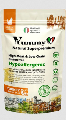 Yummy Linea сухой полнорационный корм для взрослых стерилизованных кошек с индейкой, 0,4 кг