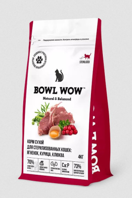 BOWL WOW Сухой корм для стерилизованных кошек с ягненком, курицей и клюквой, 4кг