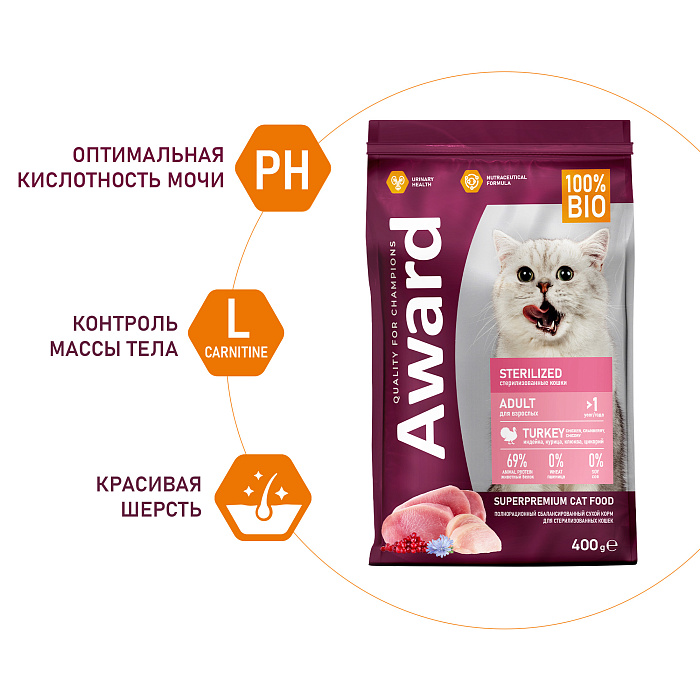 Сухой корм AWARD Sterilized для взрослых стерилизованных кошек с индейкой и курицей с добавлением клюквы и цикория, 400 г