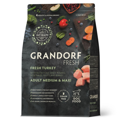 Grandorf Fresh Grain Free Dog Adult Medium & Maxi Turkey & Sweet Potato Сухой корм беззерновой с живыми пробиотиками для взрослых собак средних и крупных пород с ИНДЕЙКОЙ и бататом, 1 кг