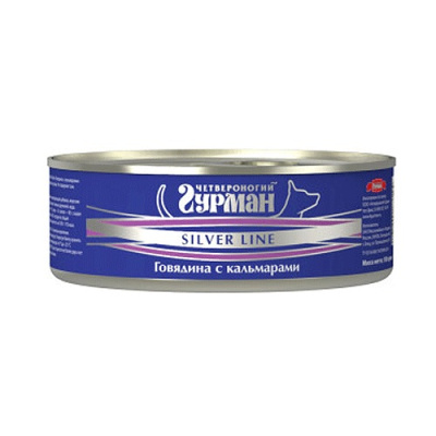Четвероногий Гурман Консервы для собак Серебряная линия, говядина с кальмарами, 100 г