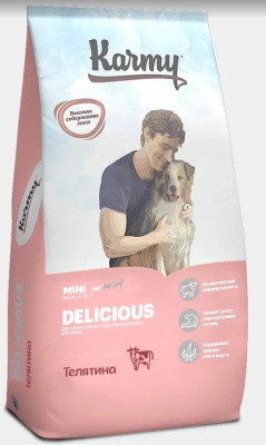 Karmy Delicious Mini Телятина 10кг. Полнорационный сухой корм для собак мелких пород  старше 1 года, привередливых в питании.