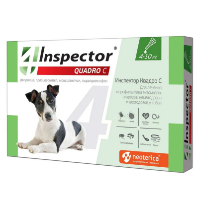 Inspector Quadro капли на холку для собак 4-10кг,от блох, клещей, гельминтов 1 пипетка